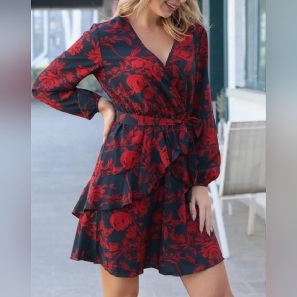 UGUEST Red & Black V-Neck Floral Faux Wrap Tie Dress - Size S - Picture 2 of 8